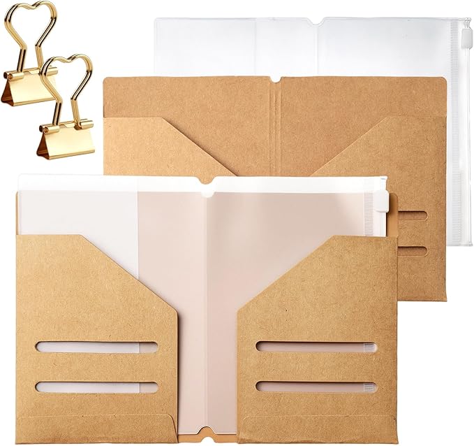 6PCS Travelers Notebook Insert (Passport Size), 2PCS Kraft Paper Folder & 2PCS Zipper Pouch with 2PCS Metal Clips, Journaling Supplies & Notebook Inserts for Passport Size Travelers Notebook Binder