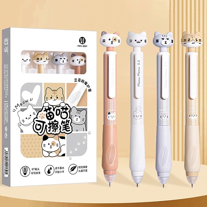 MOZXIRZ 4 Pcs Cute Cat Erasable Pens Retractable Pens Erasable Gel Ink Pens Cartoon 0.5mm Point Black Ink Pen Kawaii Writing Pen Office School Supplies Women Girls Boys (Cat-Black Ink)