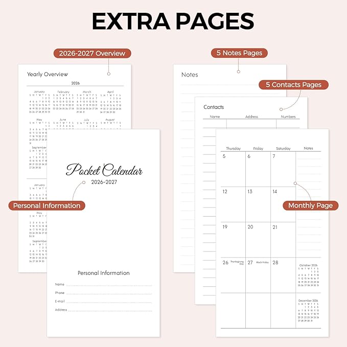 Phyxin Pocket Calendar 2026-2027, Small Calendar 2026 - Runs From Jan 2026 to Dec 2027, Pocket Planner-3.7" x 6.7" with PVC Cover, Pocket Calendar for School, Home and Office Supplies, Black Flowers