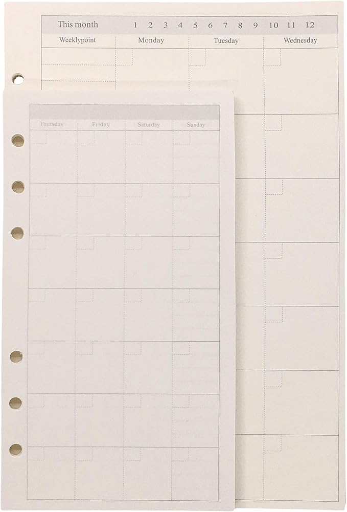 Zelten Refills/Loose Leaves for A5 Cover Ring Binder/Personal Organizer/Planner(A5 6 Holes, Monthly Plan)