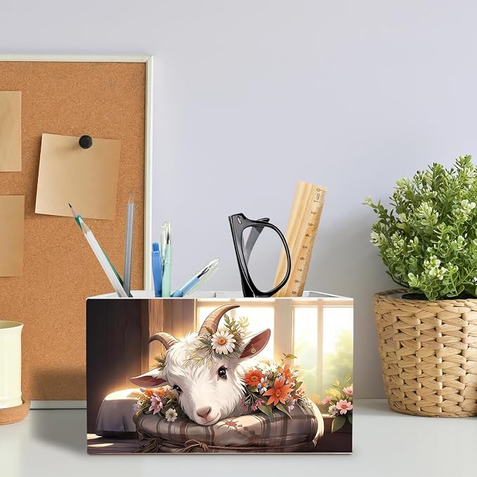 Farmhouse Floral Goat Pen Holder for Desk, Goat Lover Gifts Pencil Organizer, Rustic Cottagecore Lamb Wooden Box Sign Desk Decor for Home Office Decoration