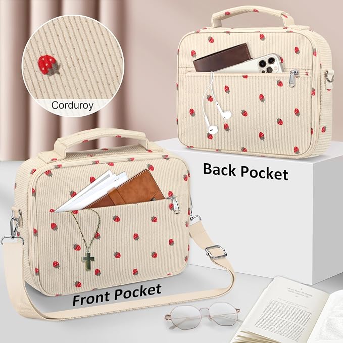 FINPAC Large Bible Cover w/Shoulder Strap, Carrying Book Case Church Bag Bible Protective w/Pen Slots and Zippered Pocket, Gift for Women Lady, Corduroy Strawberry