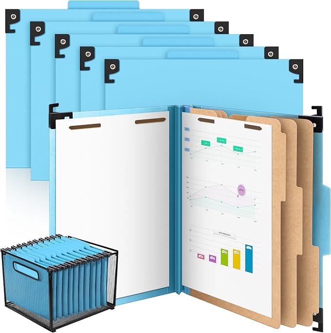 Henoyso 10 Pcs Hanging Classification File Folders, Letter Size Light Blue Folders with 3 Pressboard Dividers, 8 Fasteners, 4 Inch Expansion, 1/3-cut Top Tab for Medical Records and File Cabinet