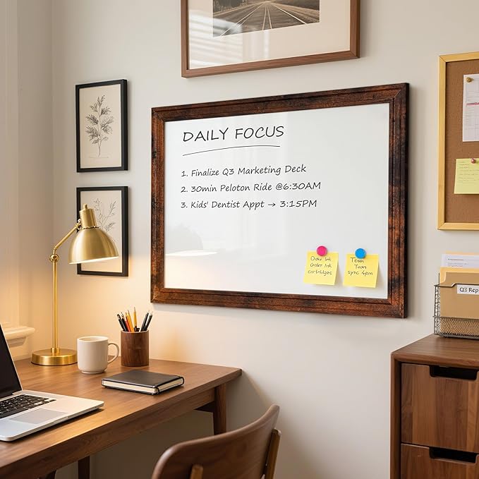 White Board for Wall, 24''x18'' Magnetic Dry Erase Board, Decorative Whiteboard with Brown Vintage Wooden Frame, Hanging Writing Board for Home Office School Dorm
