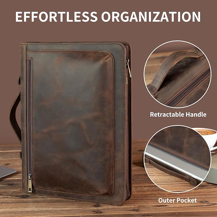 YIWEN Handmade Leather Portfolio with Handle – Zippered Front Pocket, Clip for Letter Size Notepad, Business Travel Padfolio