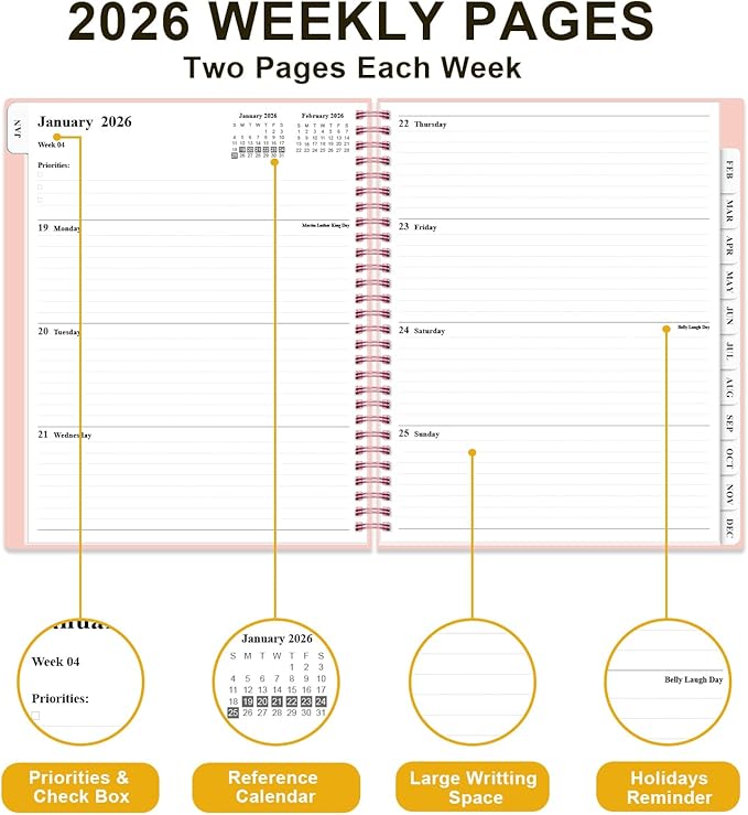 2026 Planner - Weekly and Monthly Planner from Jan 2026 - Dec 2026, Spiral Planning 2026 with 12-Month Tabs, Inner Pocket, 8.5" x 11", Pink