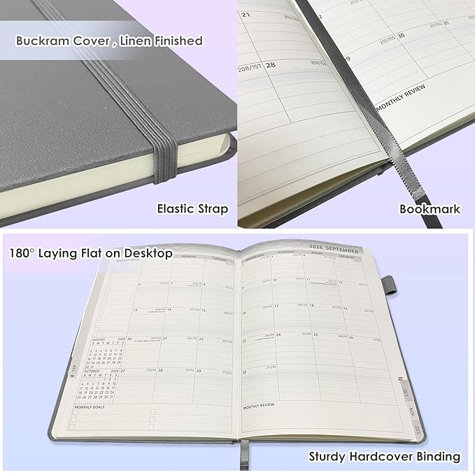 TIIKKASI 2026 Calendar Year Planner Weekly Monthly (Jan - Dec) 6'' x 8.5'' - Lined Journal Notebook Minimalist Agenda Notes, Linen Cloth Book Bound Hard Cover, For School Business Office, Gray