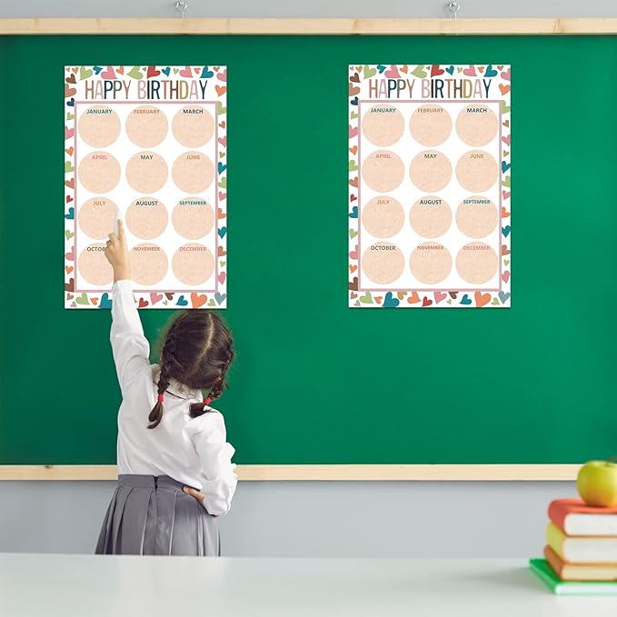 Happy Birthday Chart for Classroom, 2Pcs Boho Birthday Poster Decoration 17’’ x 12’’ Boho Birthday Cake Calendar Cutouts for School Bulletin Board, Chalkboards, Wall Decor