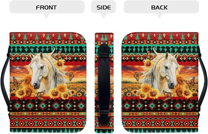 Leather Bible Covers for Women Bible Case Bible Bag Tote with Leather Bookmark,Aztec Boho Horse,Large