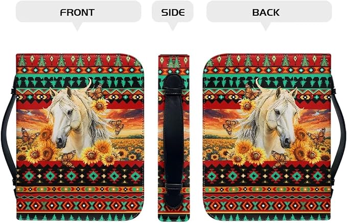 Leather Bible Covers for Women Bible Case Bible Bag Tote with Leather Bookmark,Aztec Boho Horse,Large