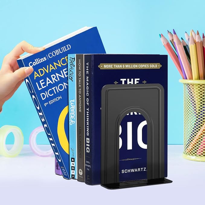 JIKIOU Book Ends Universal Premium Bookends for Shelves, Non-Skid Bookend, Heavy Duty Metal Book End, Book Stopper for Books/Movies/CDs/Video Games, 6.69 x 4.9 x 4.3 in, Black (3 Pairs/6 Pieces)