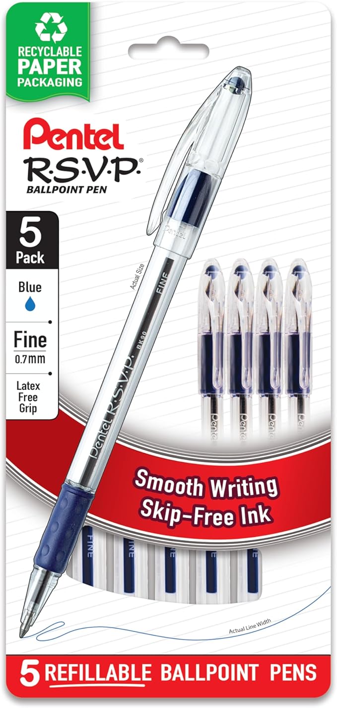 Pentel RSVP Ballpoint Pen, Fine Line, (0.7mm), Blue Ink (BK90BP5C) (Pack of 1, 5 Count Total)