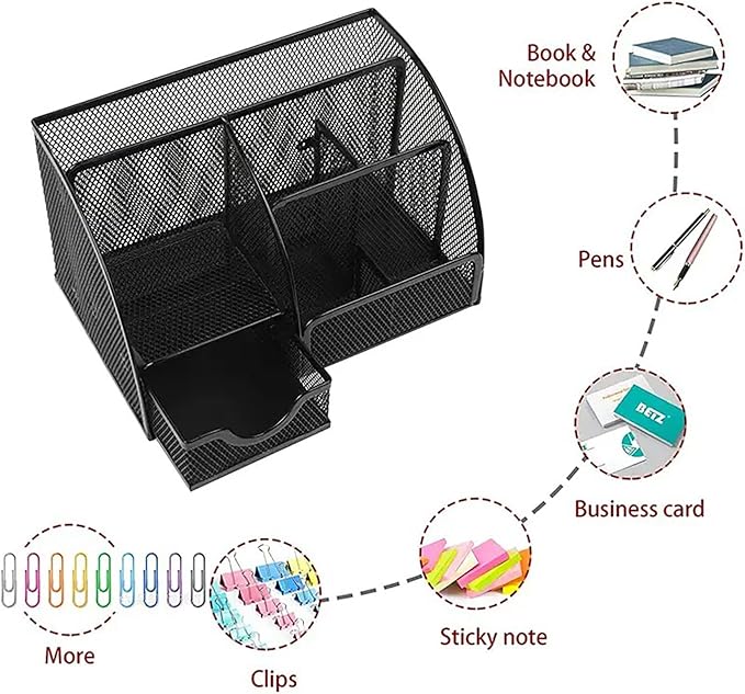 Desk Organizer and Pencil Case with Drawer and 6 Compartments in Black Metal Mesh. Space-Saving Desk Organizer for Pens, Pencils, Sticky Notes, Clips and Staplers