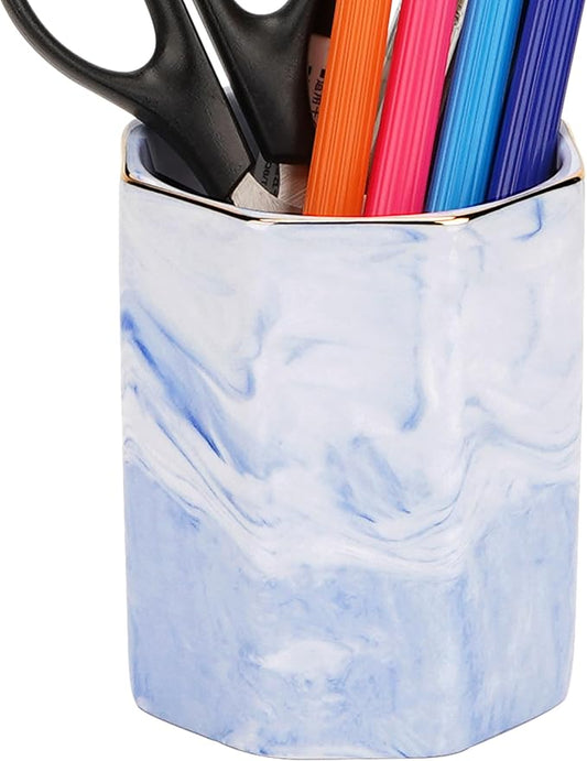 Blue Marble Makeup Brush Holder - Round Ceramic Pencil Container with Gold Rim, Elegant Versatile Organizer for Vanity, Desk, or Bathroom