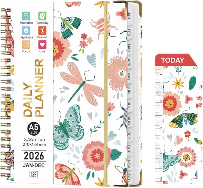 2026 Planner Weekly and Monthly,Jan 2026 to Dec 2026,A5 Hardcover Academic Appointment Book with Tabs,100GSM Thick Paper,Back Pocket & Bookmark Ruler,Cute Floral Butterfly Agenda for Women Teachers Students