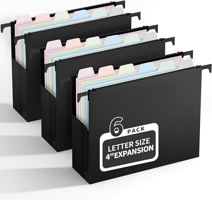 Uquelic Plastic Hanging File Folders Letter Size, 6 Pack Reinforced Heavy Duty Hang Folder with Movable Pastel Dividers, Adjustable Tabs, 4" File Organizer for Filing Cabinet, School, Office
