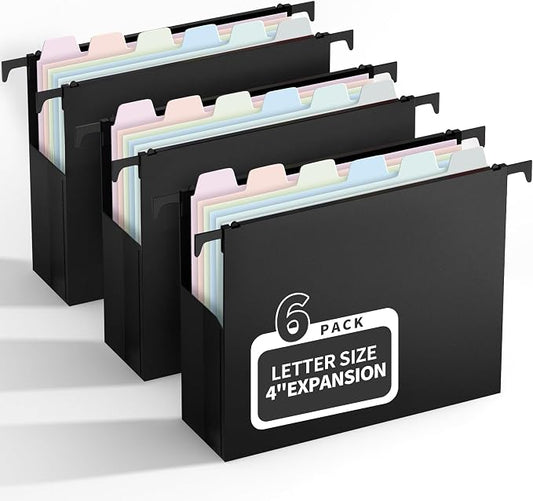 Uquelic Plastic Hanging File Folders Letter Size, 6 Pack Reinforced Heavy Duty Hang Folder with Movable Pastel Dividers, Adjustable Tabs, 4" File Organizer for Filing Cabinet, School, Office