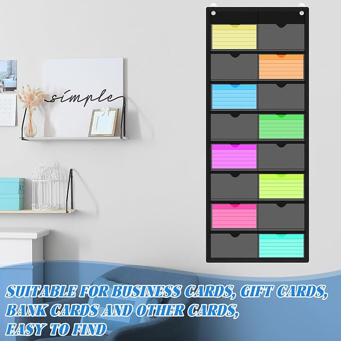 AmazingSpark 2 Pack 4'' x 6'' Index Card Holder Sleeve 16 Slot Black Plastic Organizer Hanging Wall Mount Business Note Cardholder PVC Clear Organizer Pocket for Classroom Office Library Home