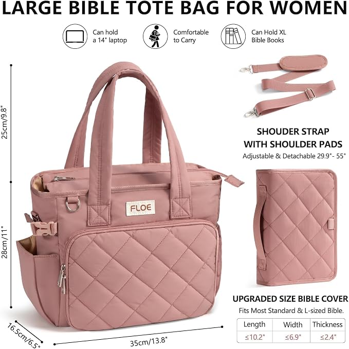 Large Bible Bag w/Bible Cover Case for Women, Puffer Bible Tote Bag Quilted Church Bag Carrying Case w/Shoulder Strap, Bible Study Supplies Journaling Kit Accessories Women Christian Mothers Day Gifts