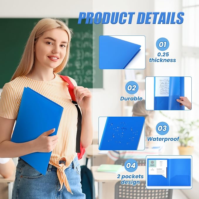 Gueevin 72 Pack Plastic Folder with Pockets, 2 Pocket Folders, Plastic Glossy Folders Fit Letter Size Paper, Heavy Duty Durable File Folder with Business Card for Home Office School (Blue)