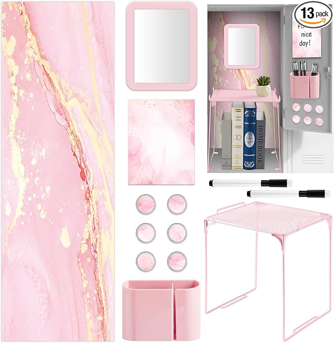 13 Pcs School Lockers Magnetic Decor Locker Accessories Kit with Magnetic Pink Marble Print Whiteboard Locker Shelf Mirror Pen Holder Buckle Sheet Organizer Decoration Essential Back to School Supply