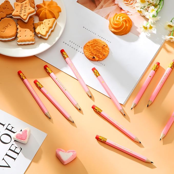 Crtiin 50 Pcs Bridal Shower Pencils Half Golf Wedding Pencils with Eraser 4 Inch Short Pocket Pre Sharpened for Wedding Game Bridal Shower Presents Classroom School(Pink)