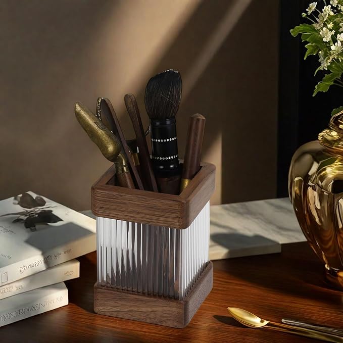 MultiBey 4pcs Walnut Office Supplies Desk Organizers, Wood Sticky Notes Holder Tape Dispenser Cutter Wooden Pencil Cup and Paper Clip Holder for Office Home School