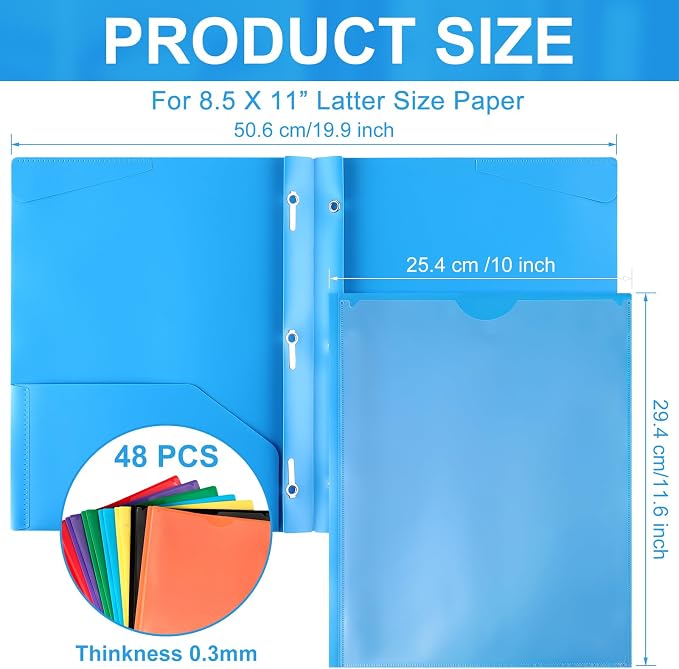 Tenceur 48 Pack Plastic Folders with 3 Prongs Bulk Heavy Duty Folders with Clear Front Pockets and Card Slots with Fasteners Fit Letter-Size Papers for Work School Office (Light Colors)