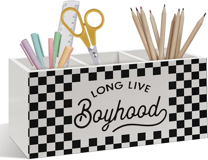 Long Live Boyhood Pen Pencil Holder, Checkered Desk Accessories, Black and White Checkered Wooden Pen Pencil Organizer for Boys Room Bedroom Playroom Office Desk Decor
