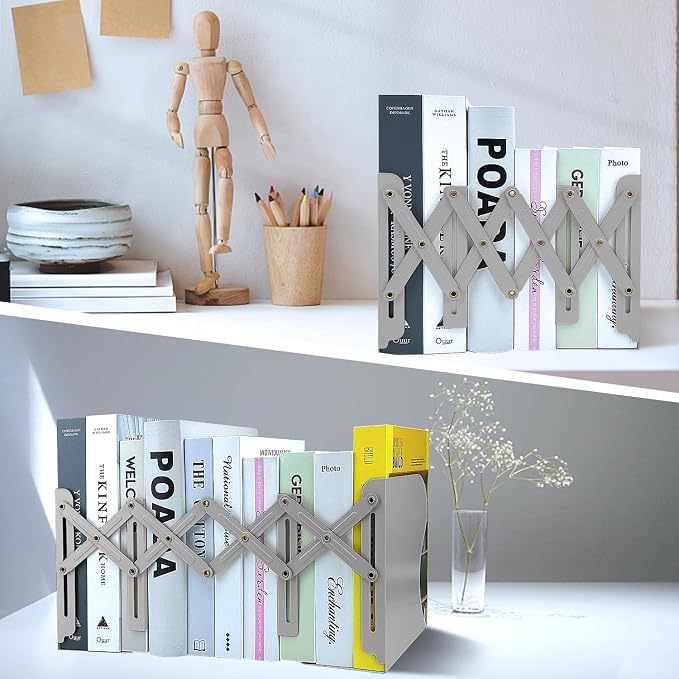 Adjustable Bookends, 19 inches 2 Dividers Heavy Duty Metal Book Holders, Book Storage Rack, Desk Organizer Magazine File Holder for Office, School, Bookstore and Home, Grey