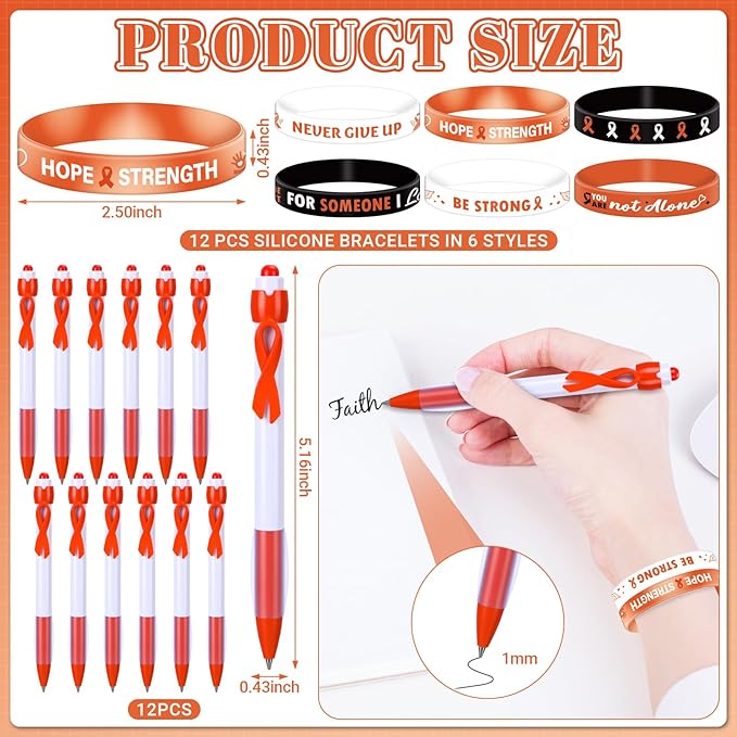 122 Pcs Ribbons Awareness Accessories Includes Ribbons Bracelets Stickers Pins Pens Keychain for School Charity Fundraiser Public Activities Supplies(Orange Ribbon,Orange)