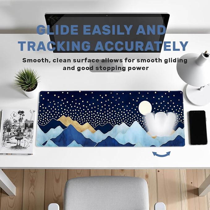 Moonlight Peaks Gaming Mouse Pad Large Desk Mat Blue Gold Mountain Starry Night Mousepad Computer Keyboard Pad Mouse Mat Laptop Mat 31.5 x 11.8 Mouse Pads for Desk Home Office Gaming