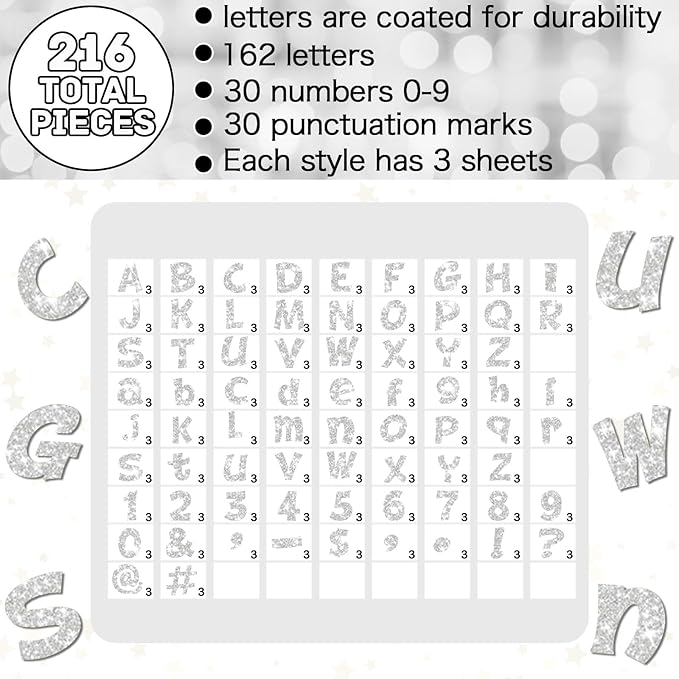 Colarr 216 Pcs Silver Glitter Bulletin Board Letters for Classroom Number Alphabet Punctuation Symbol Cutout 4'' Die-Cut Poster Letter with Adhesive Dot School Party Graduation Decor Display