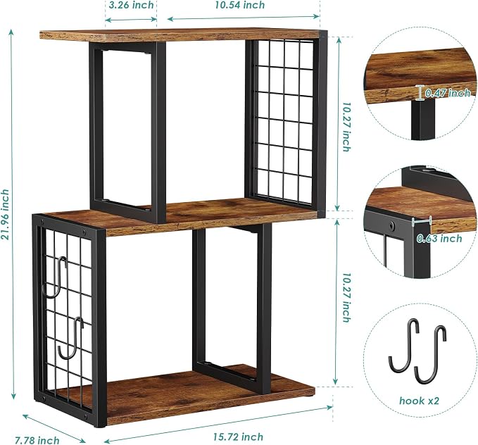 Desktop Bookshelf,3-Tier Desk Organizer Shelf with Hooks Desk Organization Deals for Office Storage Rustic Brown