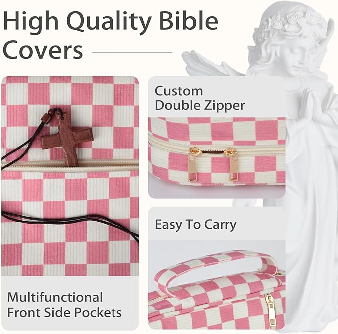 Bible Cover Case for Women Corduroy Bible Case for Girls Checkered Large Bible Cover with Handle Bible Study Supplies Accessories Christian Gifts for Women (Pink, Medium)