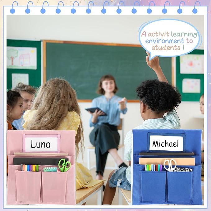 gisgfim 12 Pcs Small Chair Pockets for Classroom 13 x 14 Inch Bag with Name Tag Multi Pockets Chairsback Pouch Organizer for Student Kindergarten Elementary Daycare (Dark Earth)
