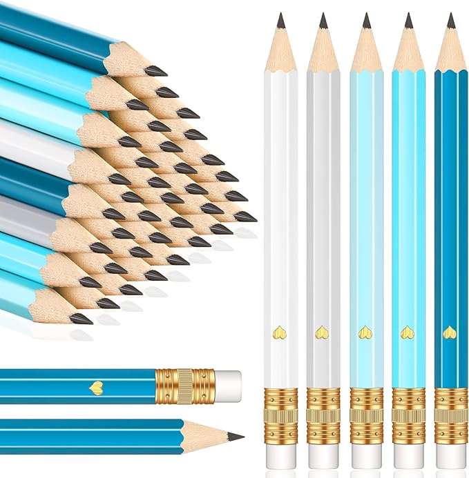 Nezyo 80 Pcs Mini Golf Pencils with Eraser 2 HB 4 Inch Half Pencils Hexagon Pre-sharpened Color Pen for Bridal Wedding Classroom School Office(Gray Teal Color,Heart Style)