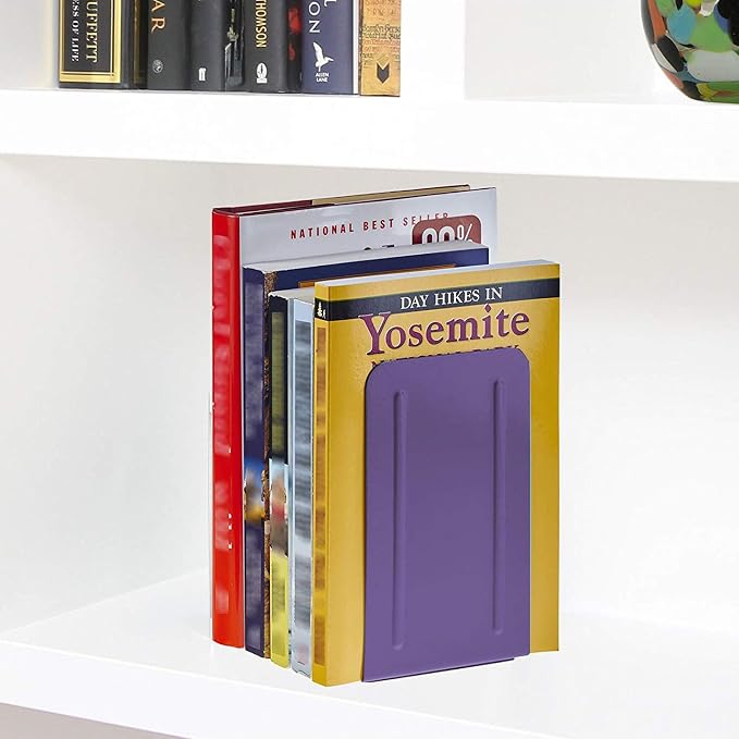 Acrimet Bookends for Shelves, Non-Skid Book Holder, Heavy Duty Book Stopper, Steel Metal Book Ends Storage for Home, Library, 6 7/8" H x 4" W x 4 1/2" D (Purple) (1 Pair / 2 Pieces)
