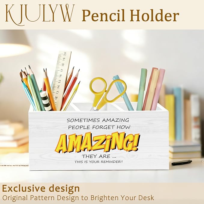 Motivational Pen Holder for Desk, You Are Amazing Inspirational Gifts for Women Men Coworkers Wooden Box Pencil Pen Holder Organizer for Home Office Desk Accessories