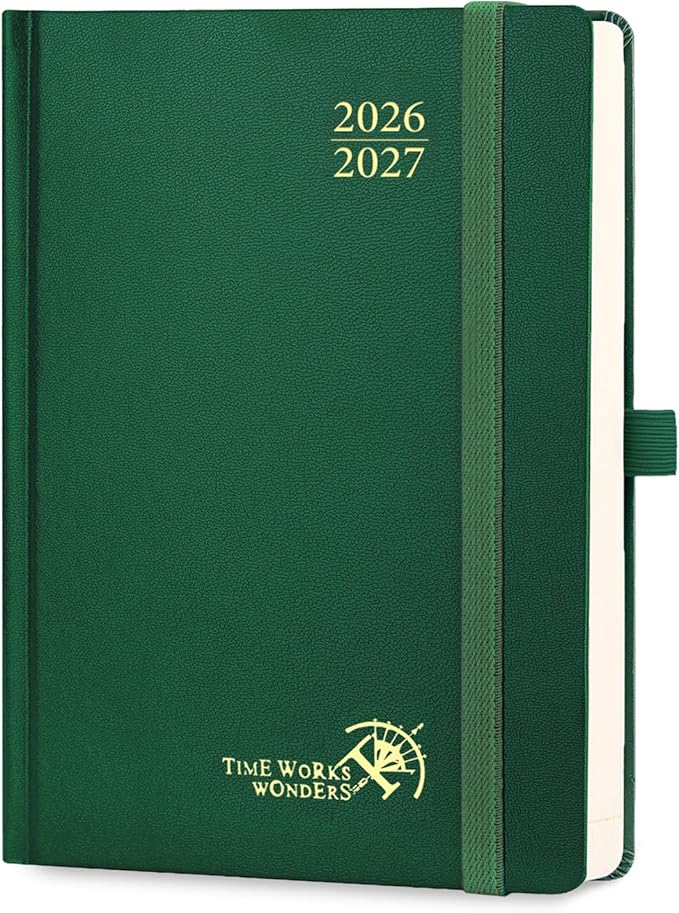 POPRUN 2026-2027 Daily Planner One Page Per Day (Medium - 5.75" x 8.5") - Academic Calendar Book(July 2026 - June 2027), 2026 Day Appointment Book with Pen Holder, Hardcover - Dark Green