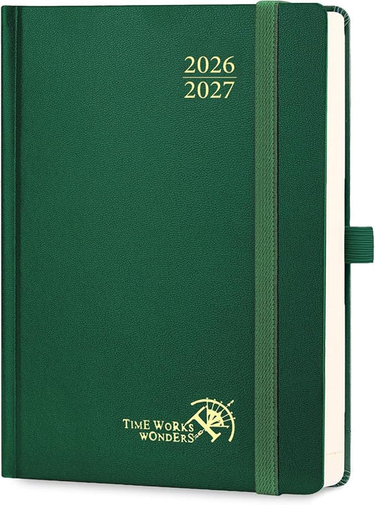 POPRUN 2026-2027 Daily Planner One Page Per Day (Medium - 5.75" x 8.5") - Academic Calendar Book(July 2026 - June 2027), 2026 Day Appointment Book with Pen Holder, Hardcover - Dark Green