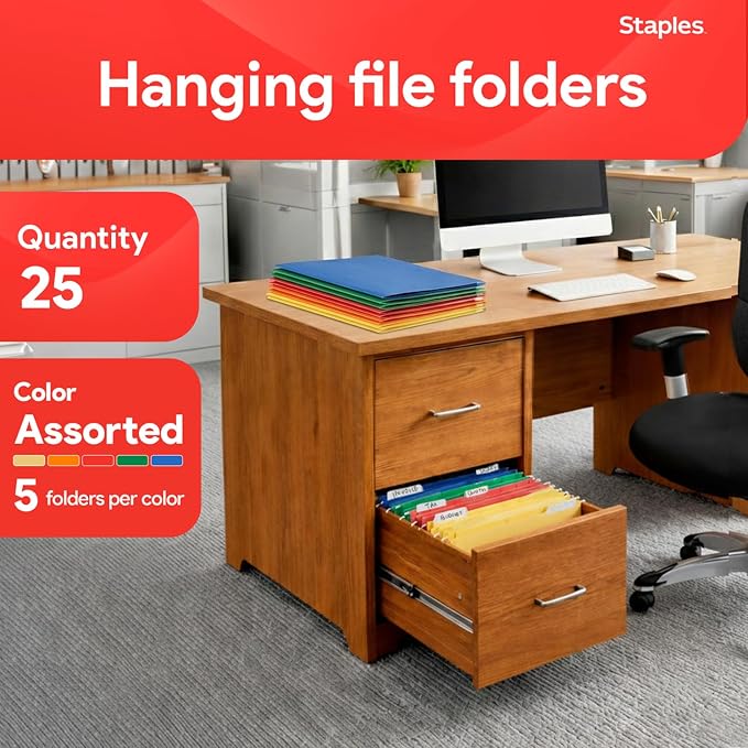 Staples Hanging File Folders, Letter Size, 1/5‑Cut Tabs, Assorted Colors, Adjustable Tabs with Paper Inserts – 25/Pack