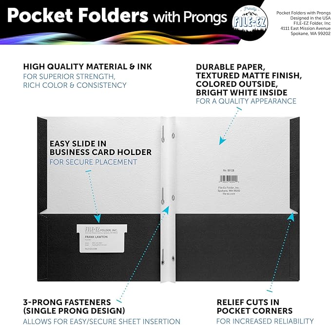 FILE-EZ Two-Pocket Folders with 3-Prong Fasteners, Black Color, 25-Pack, Durable Textured Paper, Matte Finish, Letter Sheet Size (EZ-92505)