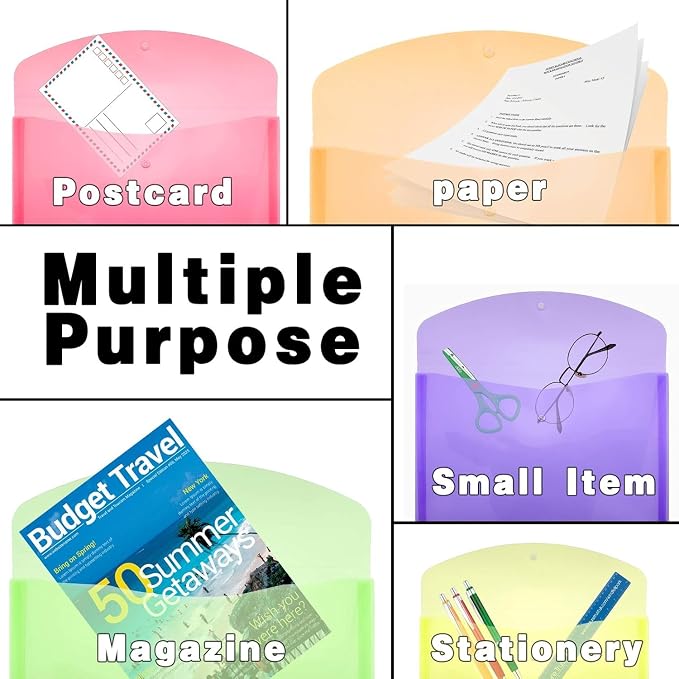 Plastic Legal Size Envelopes with Snap Closure Expandable Organizer Assorted Color Folder for Home Office 12pcs