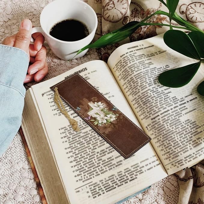 Retro Style Lily and Cross Bible Case with Bookmark Waterproof Bible Cover Case for Women Lightweight Bible Bag with Handle Pockets Church Book Bag Brown