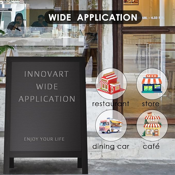 INNOVART A-Frame Sidewalk Sign 40”x26”, Sandwich Felt Letter Board w/Changeable Letters, Double-Sided Felt Letter Board, Free Standing Letter Board Easel for Restaurant, Business, Wedding, Black