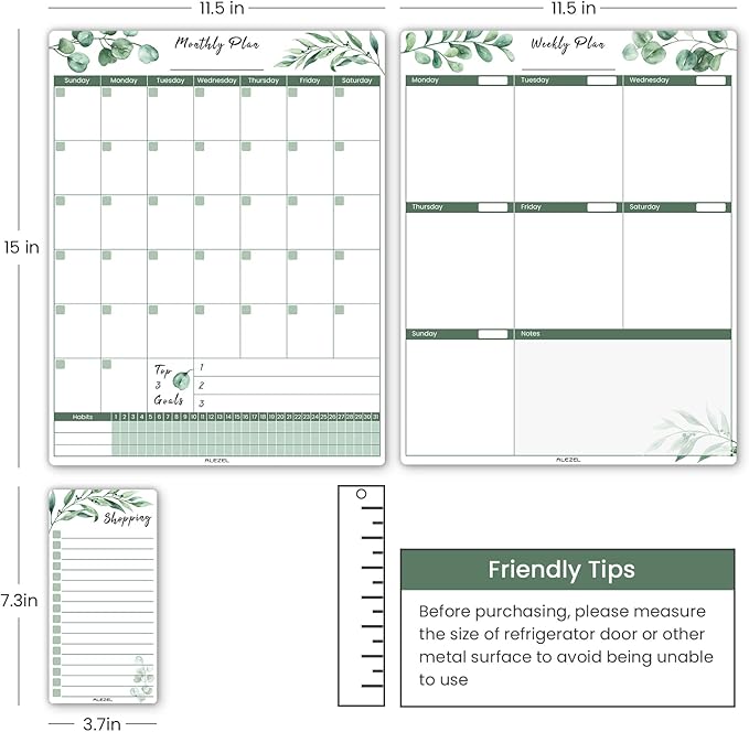 ALEZEL Magnetic Calendar for Refrigerator, Greenery Dry Erase Fridge Calendar Set (3 Boards) - Monthly & Weekly Planner Whiteboard, Shopping List White Board, 3 Markers + Eraser