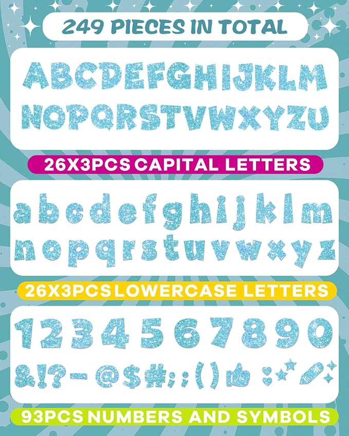 249 Pcs Glitter Bulletin Board Letters Numbers and Punctuation, 4 Inch Alphabet Poster Board Cardboard Letter Cutouts with Adhesive Dots for Classroom Bulletin Board School Decorations (Light Blue)