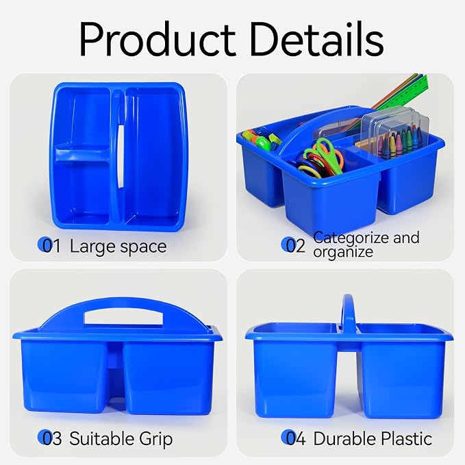 6 Pack Classroom Caddy with Handle Plastic Storage Caddy Organizer with 3 Compartments for Pencil, Crayon, Marker, School Supplies (6, Colorful)