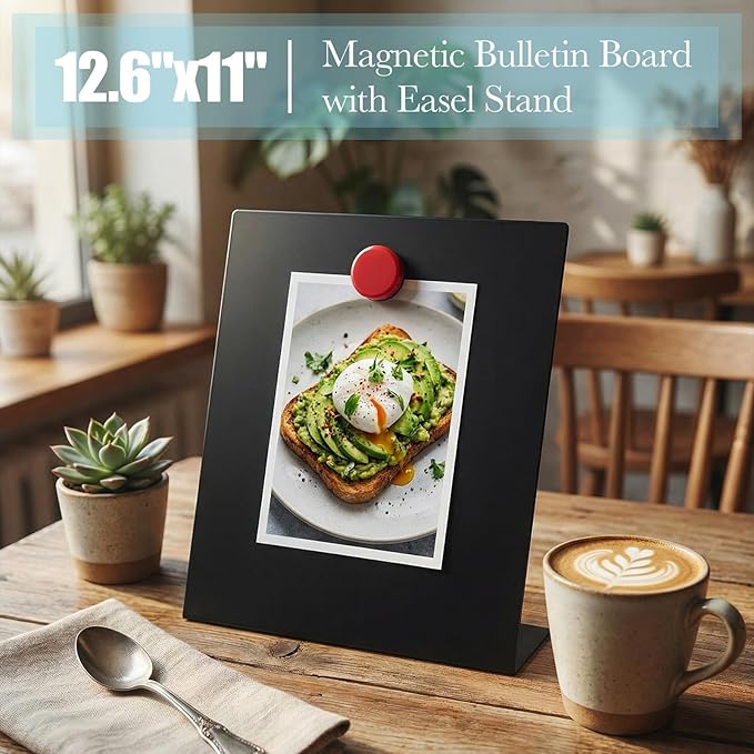 Fainne 2 Pcs Magnetic Bulletin Board with Easel Stand Mini Black Magnet Metal Tabletop Memo Display Board for Back to School Menu Table Office Supplies (12.6 x 11 Inches)